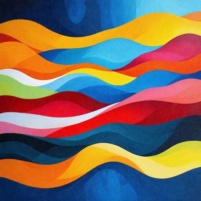 The primary subject of the image is a colorful painting featuring a series of swirling, curved lines in various shades of red, yellow, blue, and orange. The setting is a blue background, which contrasts with the vibrant colors of the painting. The visual style appears to be a combination of digital art and illustration, creating a dynamic and eye-catching piece of art. The dominant colors and overall atmosphere of the painting are energetic, lively, and full of movement.